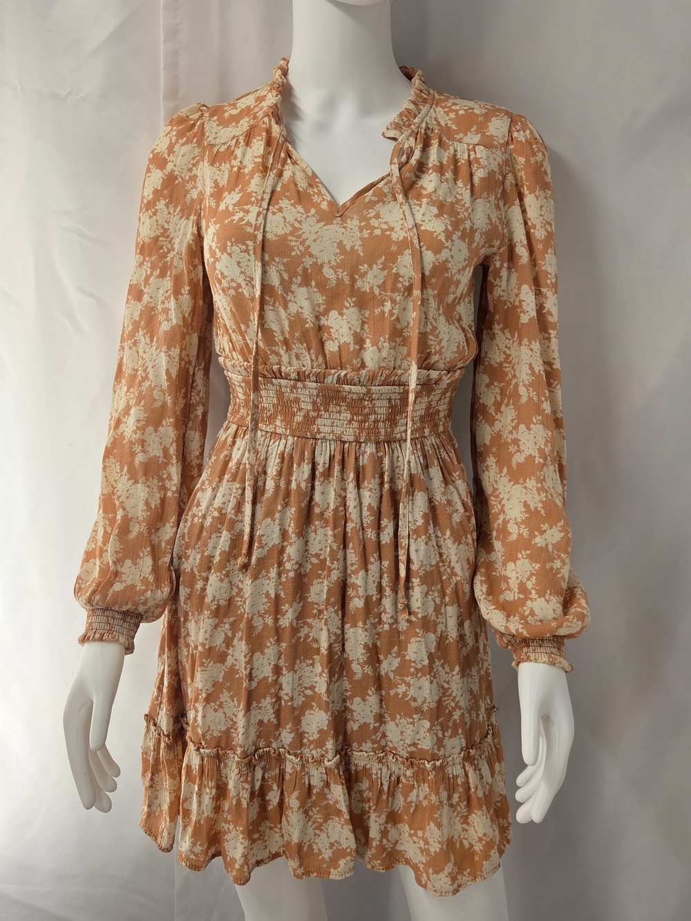 Floral Prairie Mini Dress Smocked Boho Cottagecore Romantic Fall Long Sleeve M